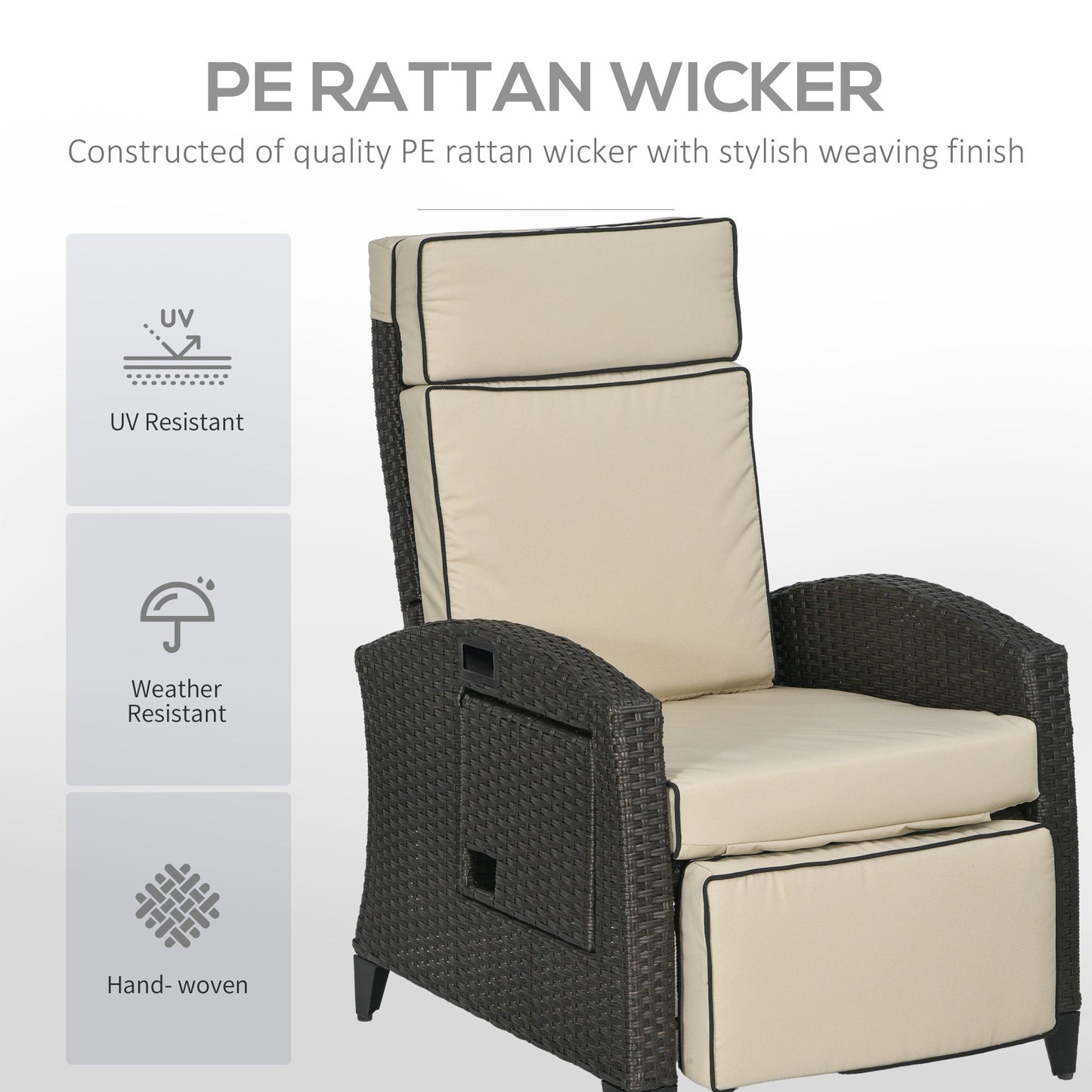 Outsunny Outdoor Recliner Chair with Adjustable Backrest and Footrest, Cushion, Side Tray, Khaki
