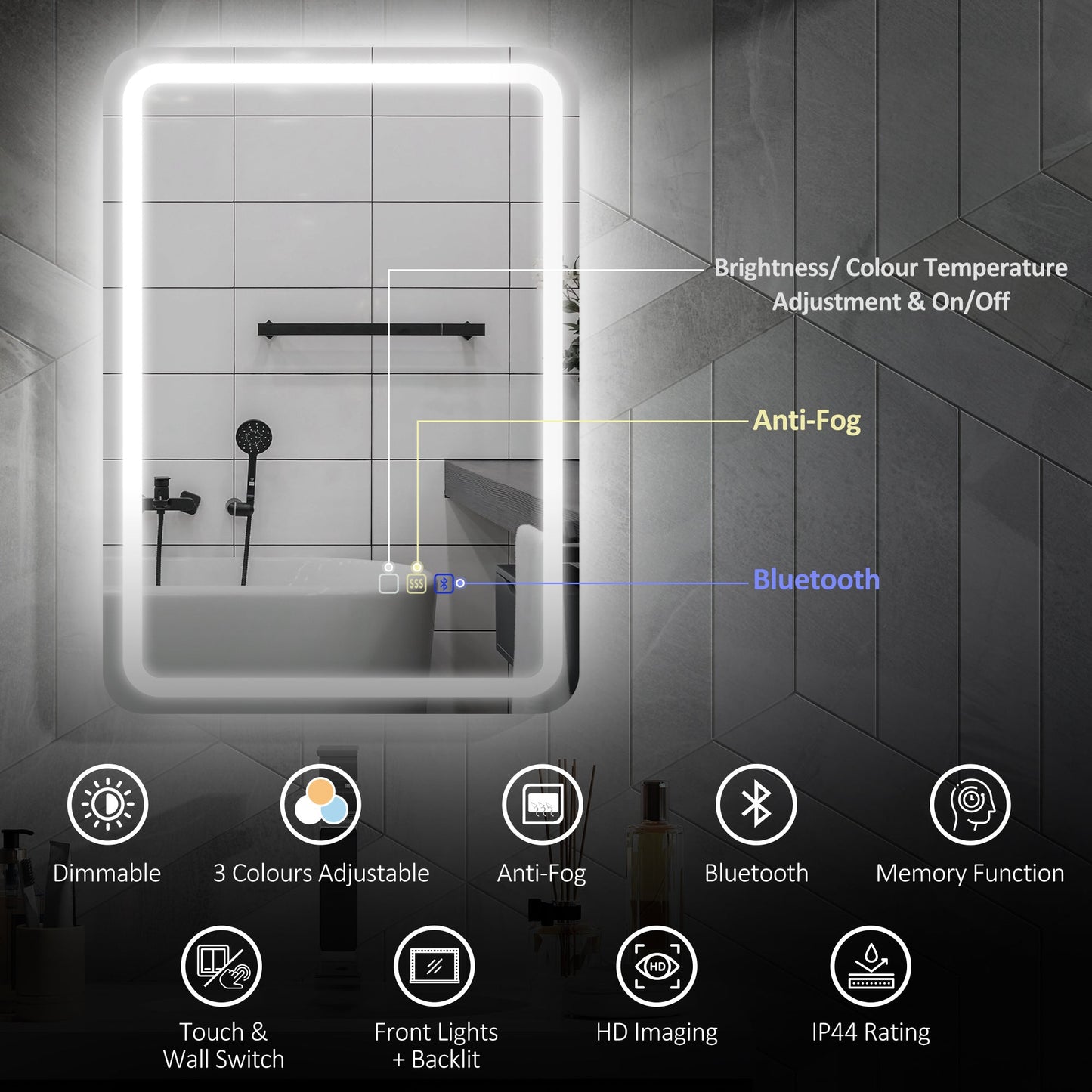 HOMCOM 50 x 70 cm Bluetooth LED Bathroom Mirror with Anti-Fog - Silver Tone