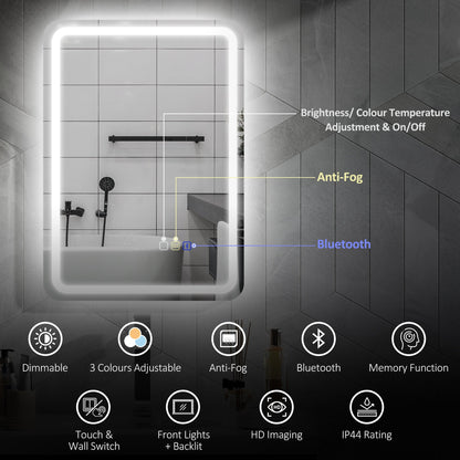 HOMCOM 50 x 70 cm Bluetooth LED Bathroom Mirror with Anti-Fog - Silver Tone