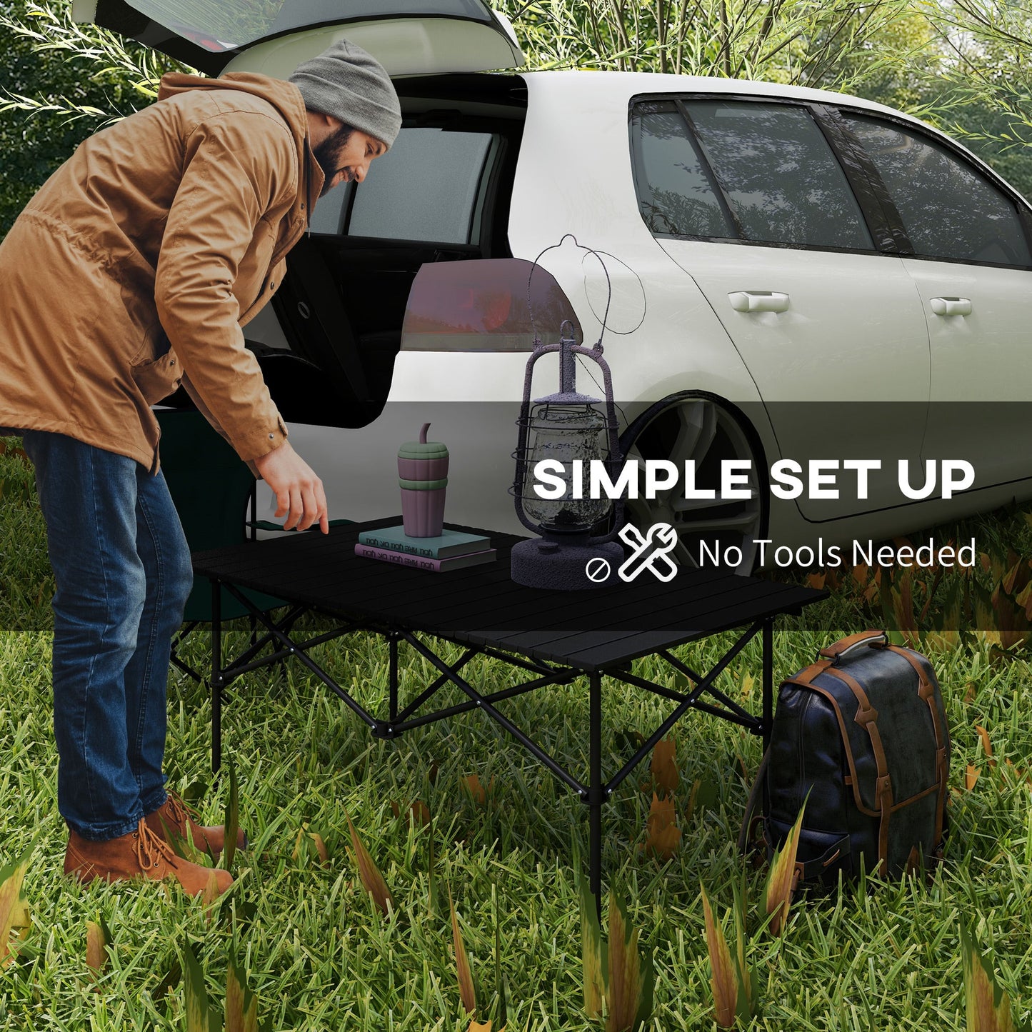 Outsunny Two-Seater Portable Aluminium Table, with Roll-Up Tabletop and Bag - Black