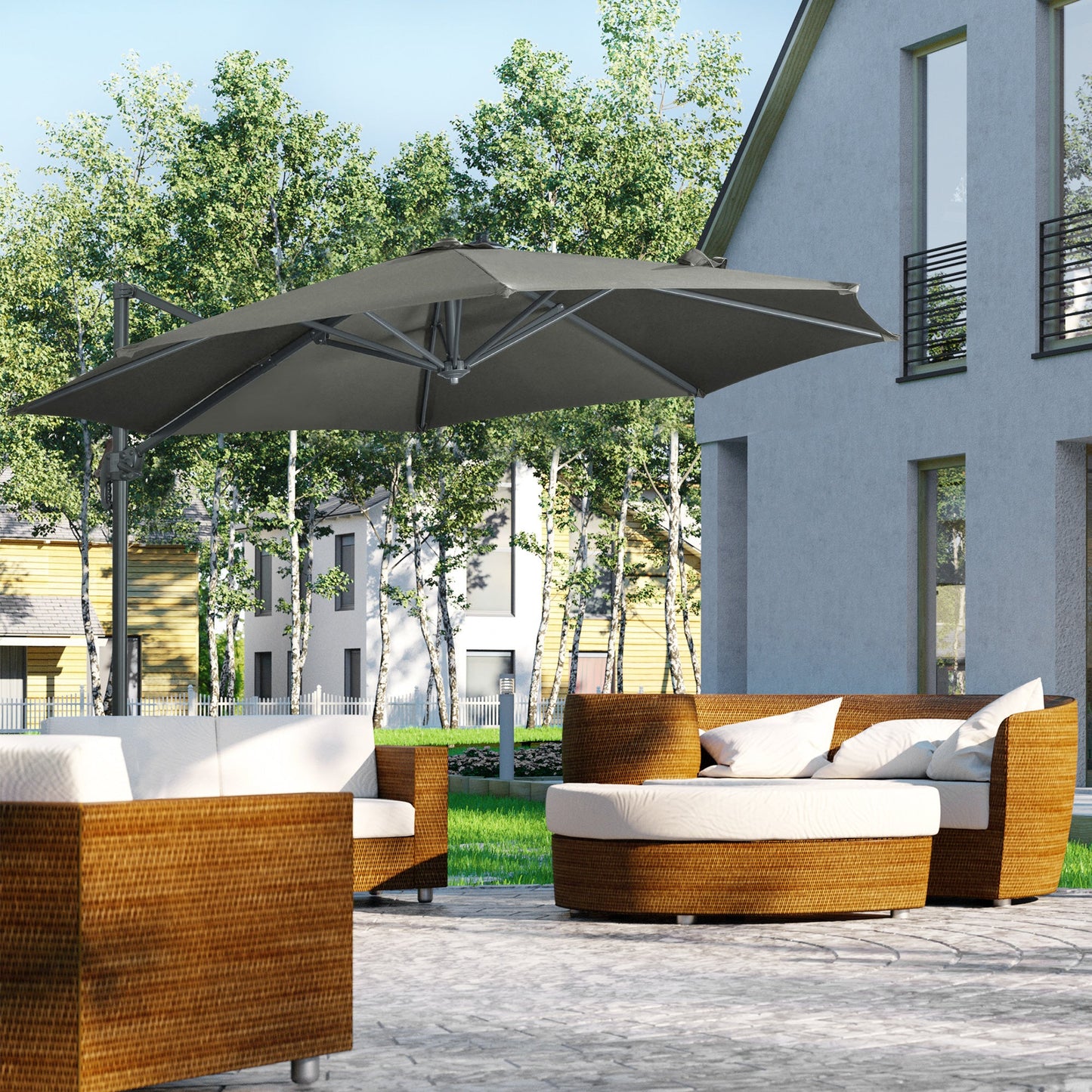 Outsunny 3 x 3(m) Cantilever Parasol with Cross Base, Garden Umbrella with 360\'c2\'b0 Rotation, Crank Handle and Tilt for Outdoor, Patio, Grey