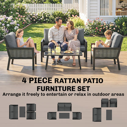 Outsunny 4 Seater Rattan Garden Furniture Set with 2 Armchairs, Loveseat, Coffee Table, Garden Sofa Set with Cushions, Dark Grey