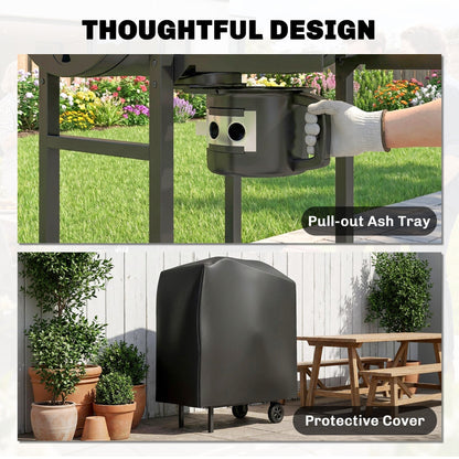 Outsunny Charcoal Grill, Barrel BBQ Smoker with Warming Rack, Charcoal BBQ Grill with Foldable Shelves, Natural Wood and Black