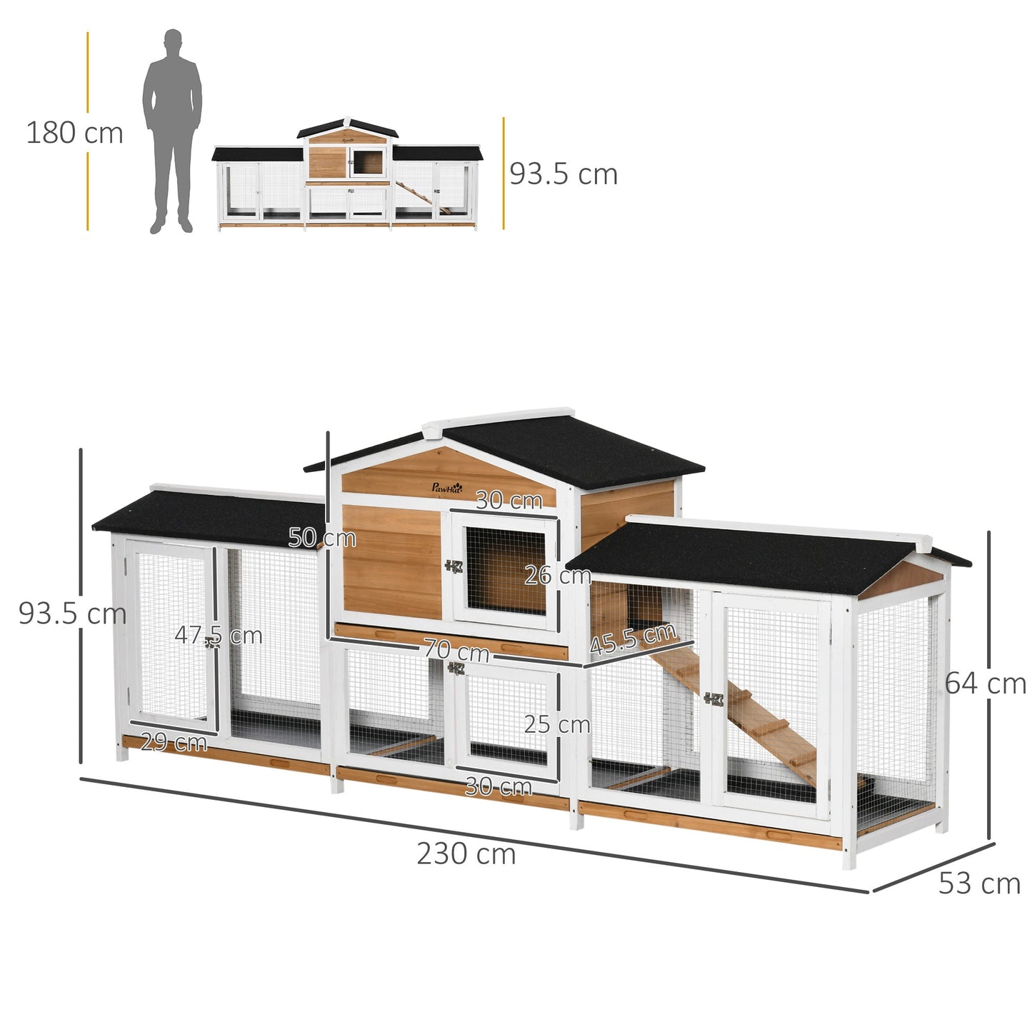 PawHut 2-Tier Large Rabbit Hutch Outdoor with Double Side Run Boxes, No-leak Plastic Tray, Ramp, 230 x 53 x 93.5cm, White