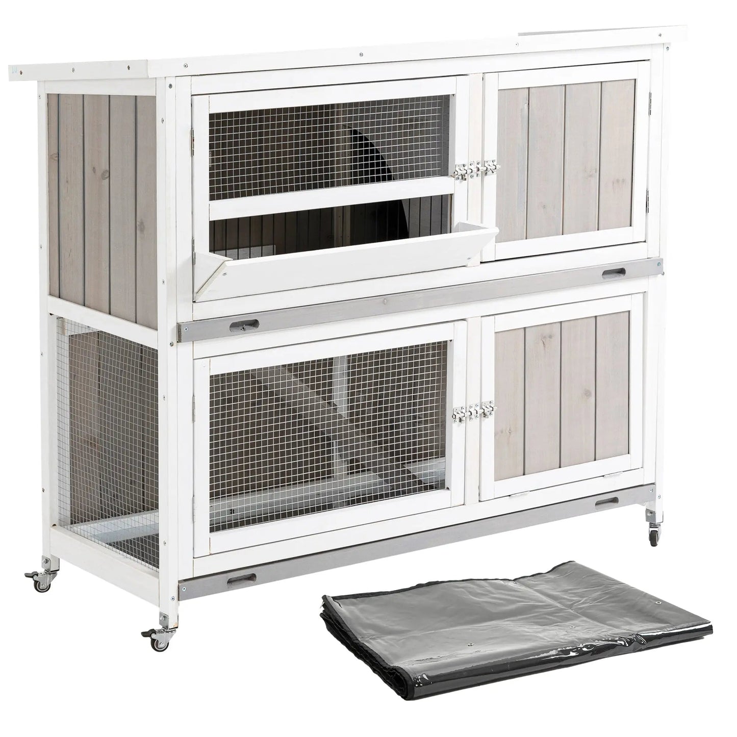 PawHut Rabbit Hutch Outdoor Guinea Pig Hutch Wooden Bunny House with Rain Cover Wheels for Indoor Outdoor, 122 x50 x100cm - Grey