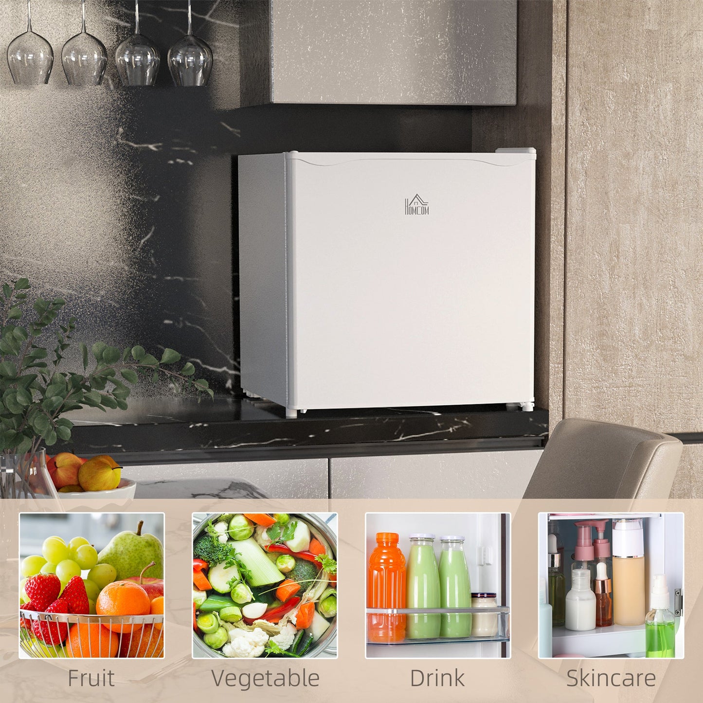 HOMCOM 46 Litre Table Top Mini Fridge, Small Fridge with Ice Box, Reversible Door, Adjustable Temperature and Legs for Bedrooms, Home Office, Cream