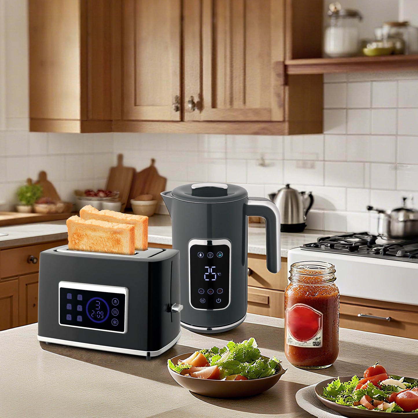 HOMCOM Touch Screen Kettle and Toaster Set - Grey