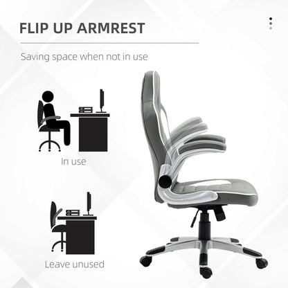 Vinsetto Computer Gaming Chair, Office Desk Swivel Chair, PU Leather Racing Chair with 90\'c2\'b0 Flip-up Armrest, Adjustable Height and Rolling Wheels, Grey