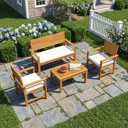 Outsunny 4 Seater Wooden Garden Furniture Set with Loveseat, Armchairs, Table, Acacia Wood Garden Sofa Set, Cream White