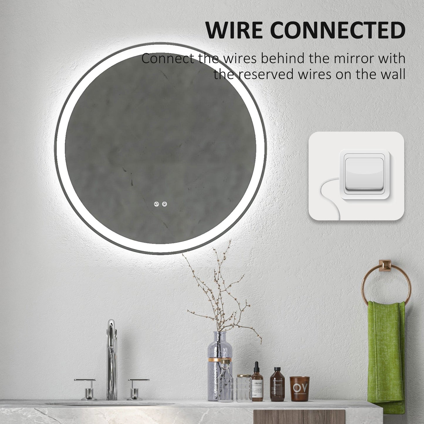 kleankin Round Bathroom Mirror with LED Lights, Wall Mount Dimmable Makeup Mirror with 3 Temperature Colours, Defogging Film and Memory Function, Frameless, Hardwired, 60 x 60\'c2\'a0cm