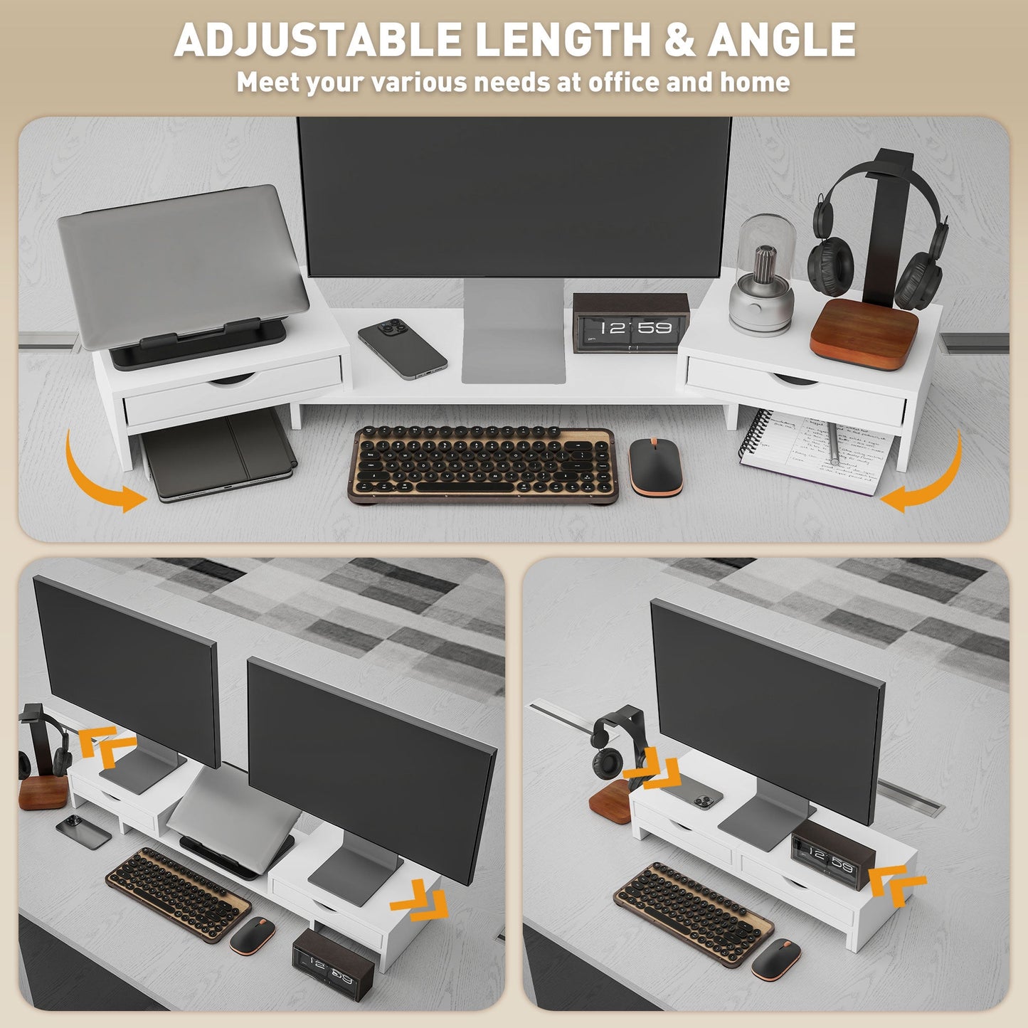 HOMCOM Dual Monitor Stand Riser with 2 Drawers, Adjustable Length and Angle, 116cm Monitor Riser for Laptop, Computer, PC, Small Printer, White