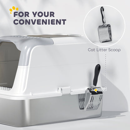 PawHut Extra Large Stainless Steel Litter Box, Enclosed Cat Litter Tray with Scoop, Deodorizer Bag, Front-Entry and Top-Exit