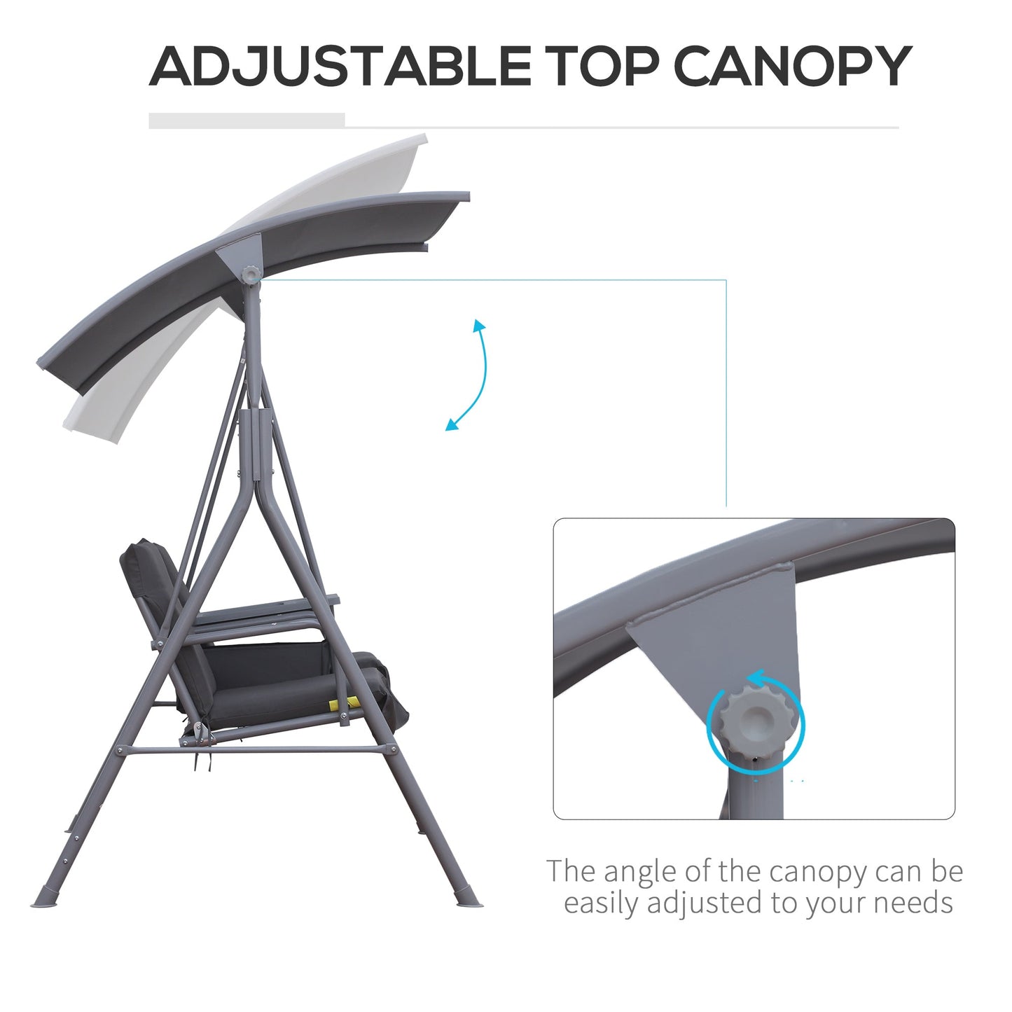 Outsunny 2 Seater Garden Swing Chair Patio Rocking Bench W/ Tilting Canopy, Double Padded Seats, Storage Bag and Tray, Grey