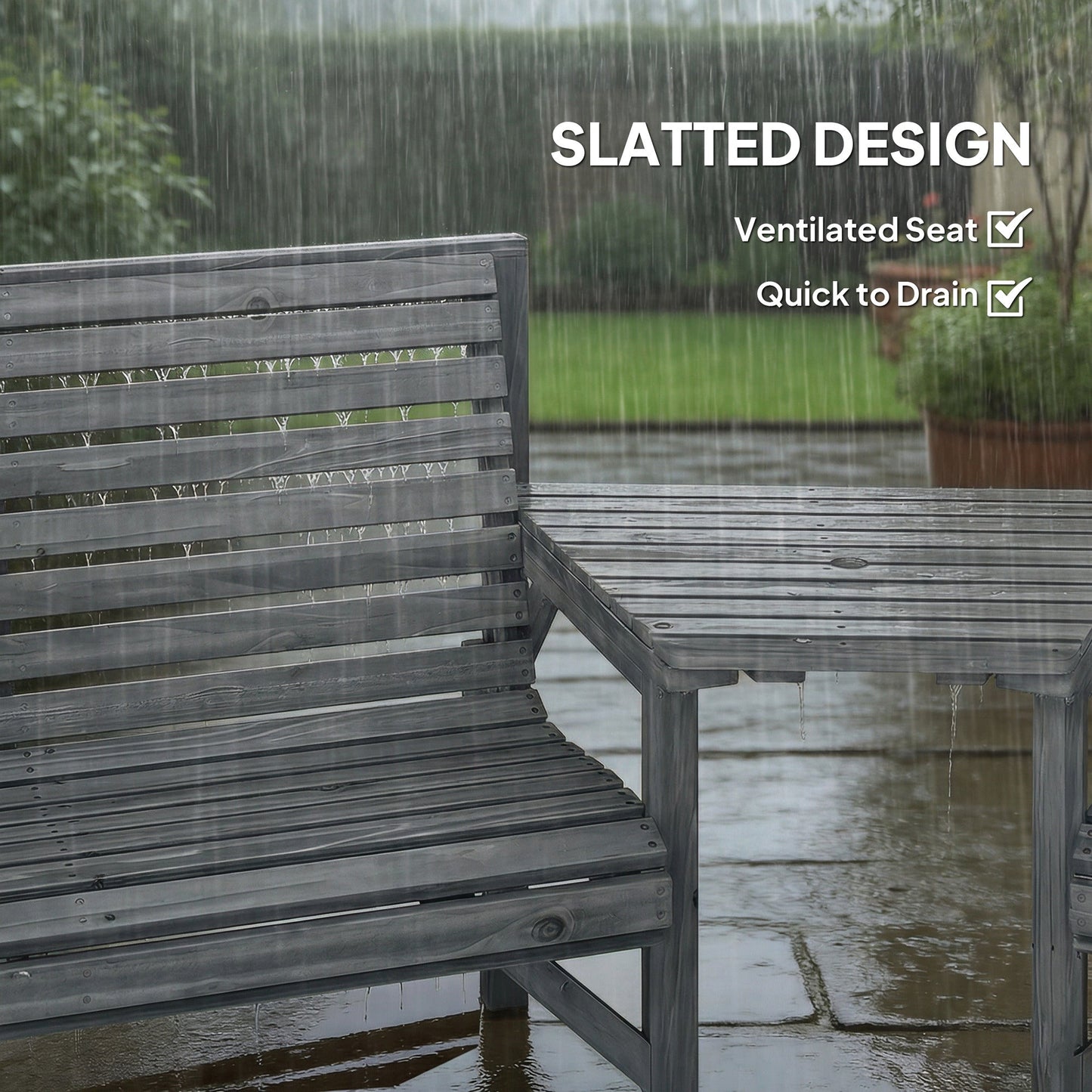 Outsunny Wooden Garden Furniture Set with Parasol Hole, 1 Chair, 1 Bench and Detachable Table, Grey Embossed Finish