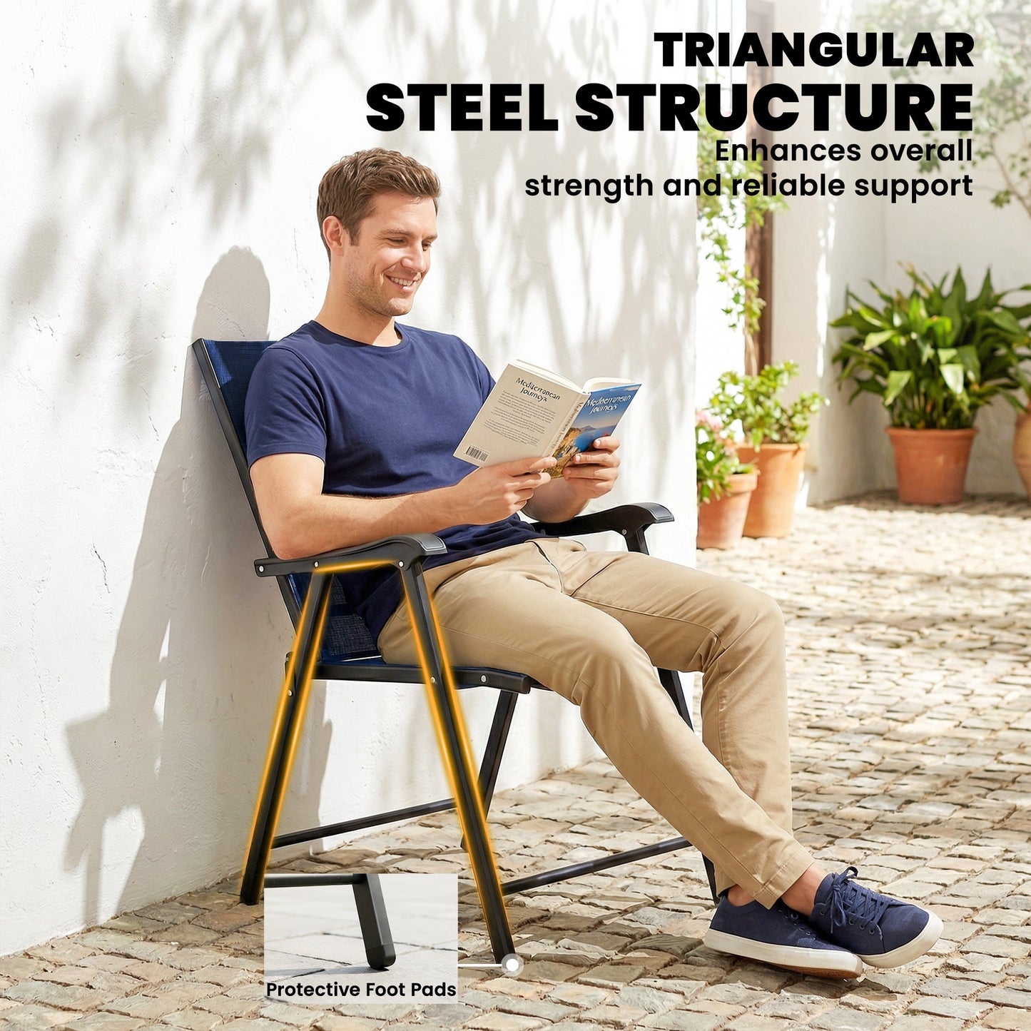 Outsunny Folding Garden Chairs Set of 4, Foldable Garden Dining Chairs with High Back, Armrests, Texteline Seat, Navy Blue