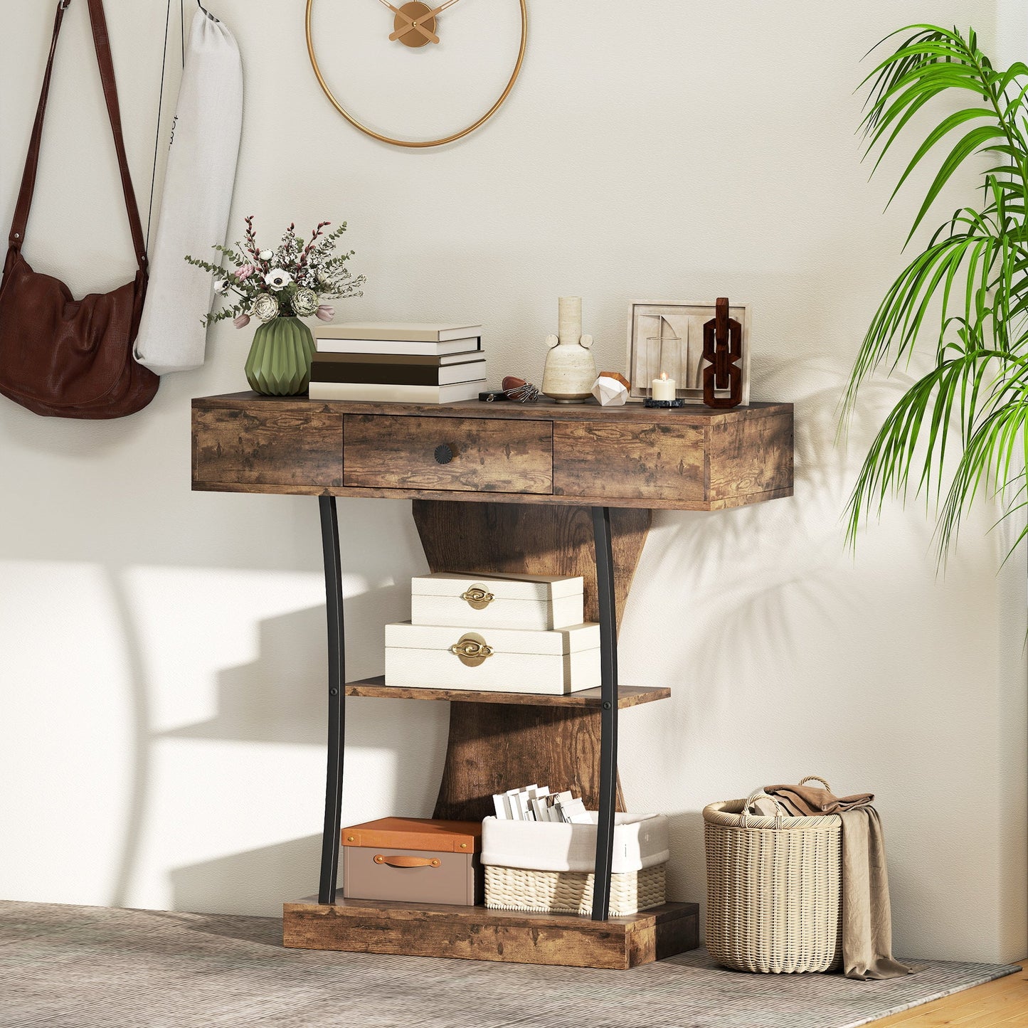 HOMCOM Console Table, 3-Tier Industrial Hallway Table with Drawer, Storage Shelves, 91 x 32 x 87 cm, Rustic Brown