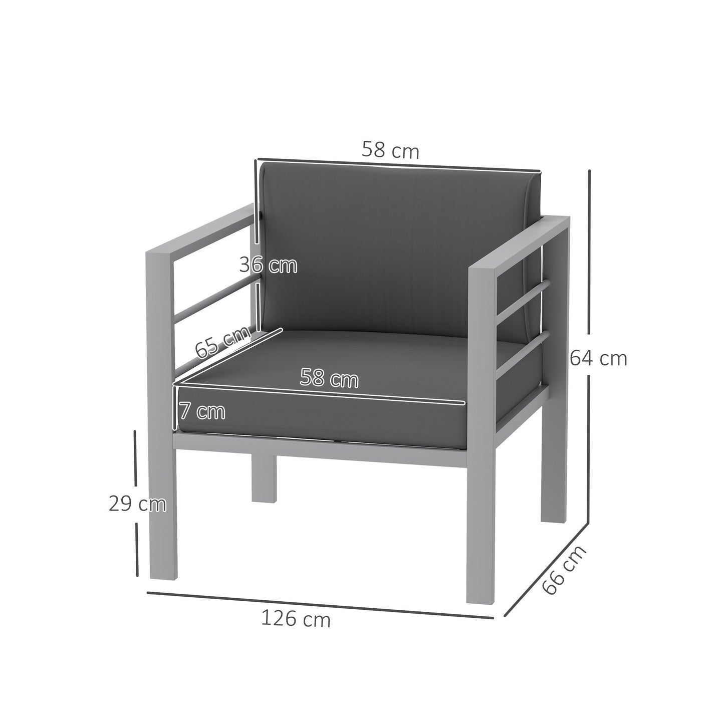 Outsunny Patio Furniture Aluminium Armchair, All-Weather Outdoor Single Sofa, Metal Frame Outdoor Chair with Cushions for Garden, Balcony, Charcoal Grey