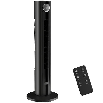 HOMCOM 28dB Tower Fan for Bedroom, 36 inch, 8 m/s Velocity Standing Cooling Fan with 80° Oscillating, BLDC Motor, 12 Speeds, LED Display, 4 Modes, 12H Timer, Remote Control, Black