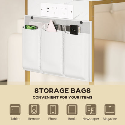 HOMCOM C-Shaped Bedside Table with Charging Station, Marble Grain Side Table with Power Outlets & USB Ports, Storage Bags, for Bedroom, Living Room, White
