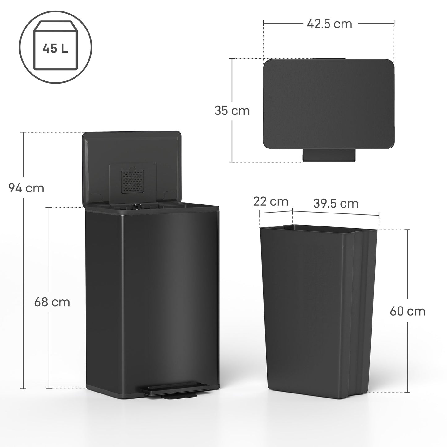 HOMCOM 45L Kitchen Bin, Pedal Bin with Soft-Close and Stay-Open Lid, Removable Inner Bucket, Odor Control for Kitchen, Office