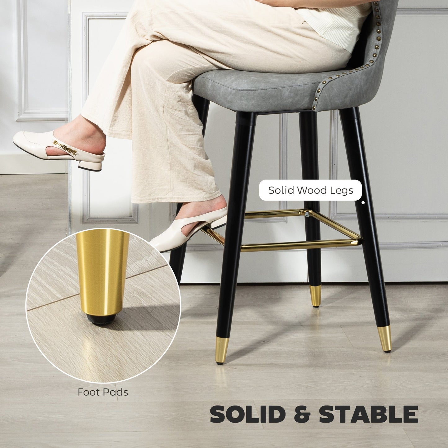 HOMCOM Bar Stools Set of 2, PU Leather Barstools with Back, Footrest and Wood Legs for Kitchen, Counter, Breakfast Bar, Grey