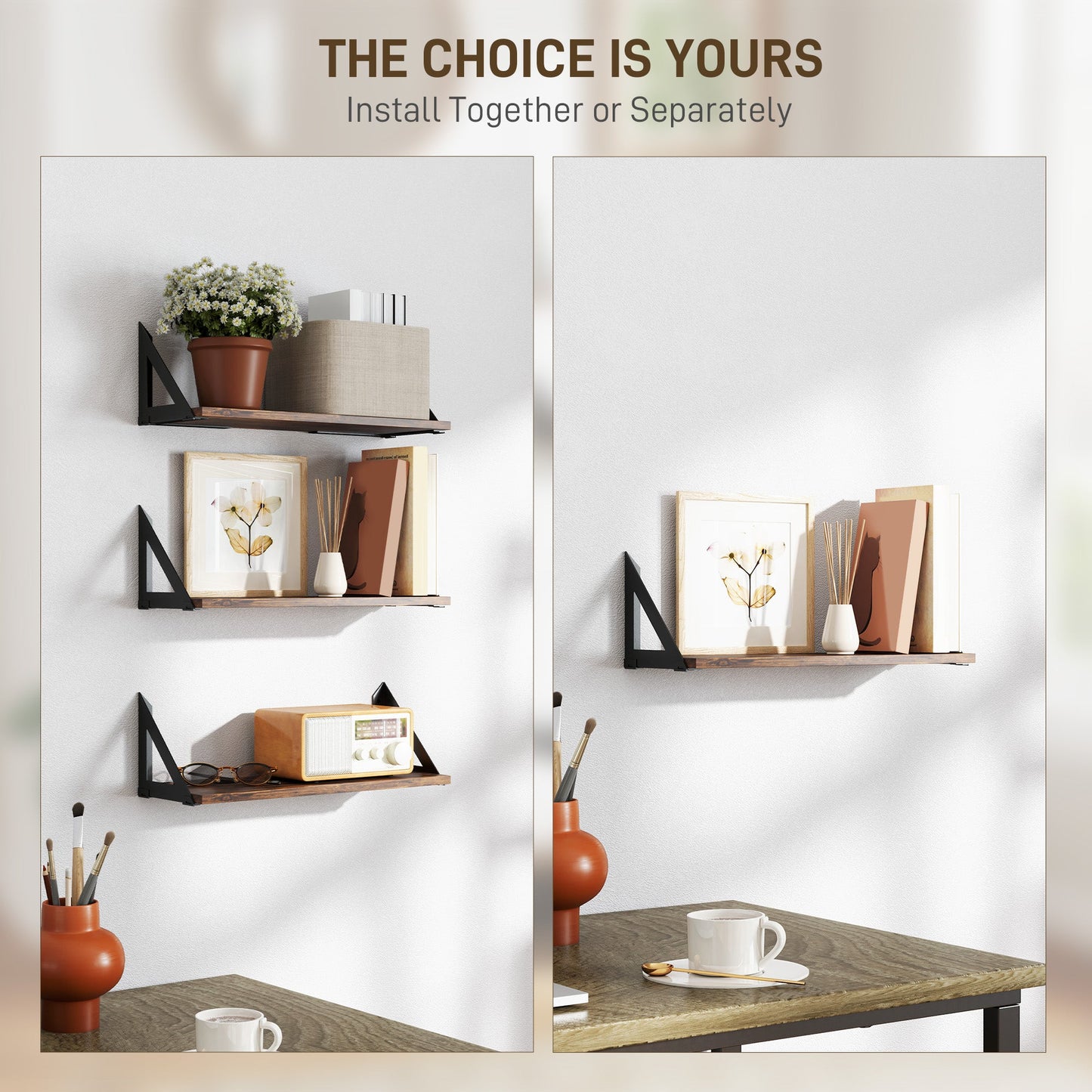 HOMCOM Set of 3 Wall Shelves, Vintage Wall Mounted Floating Shelves for Living Room, Entryway, Bedroom, Rustic Brown