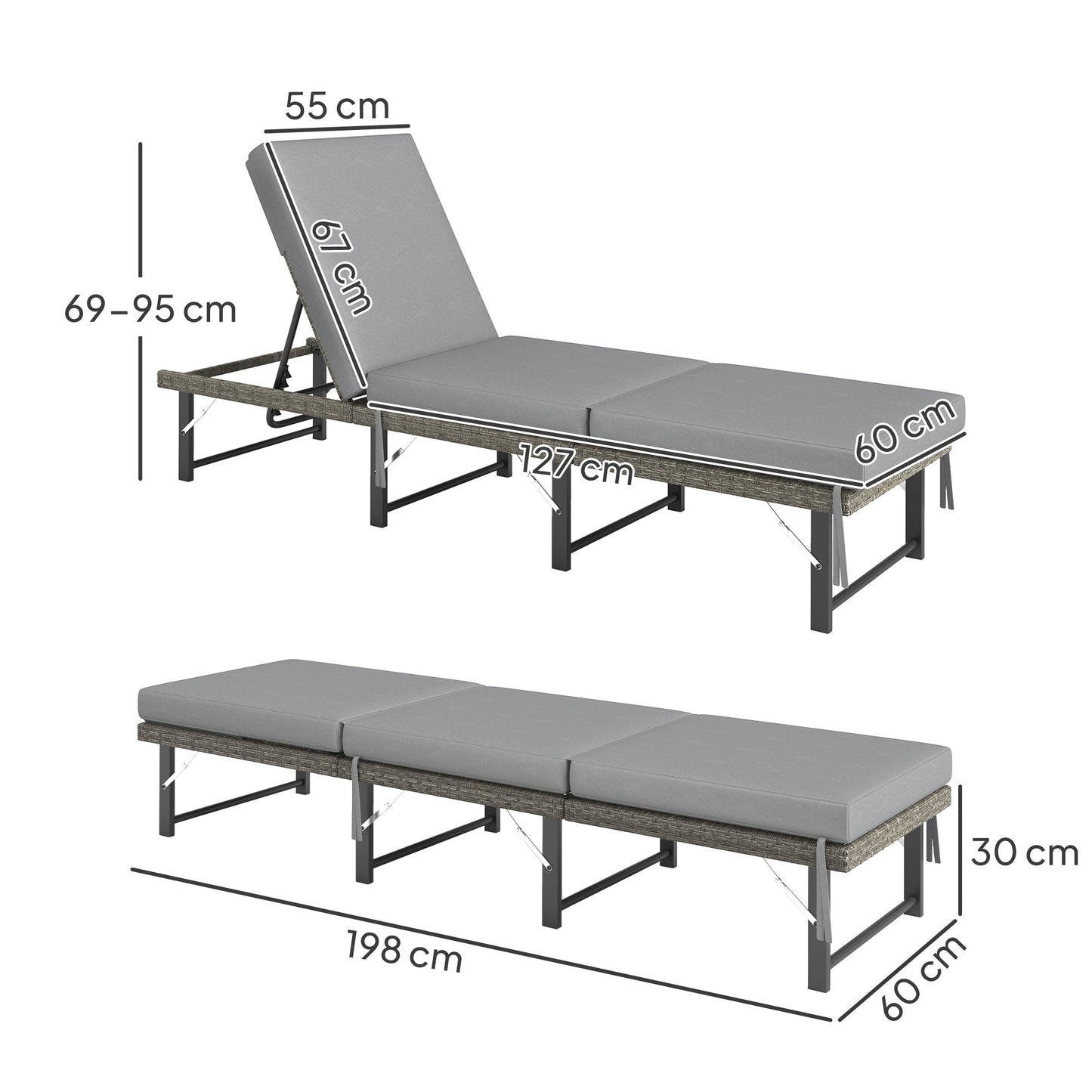 Outsunny Single Folding Rattan Sun Lounger, with Cushion - Grey