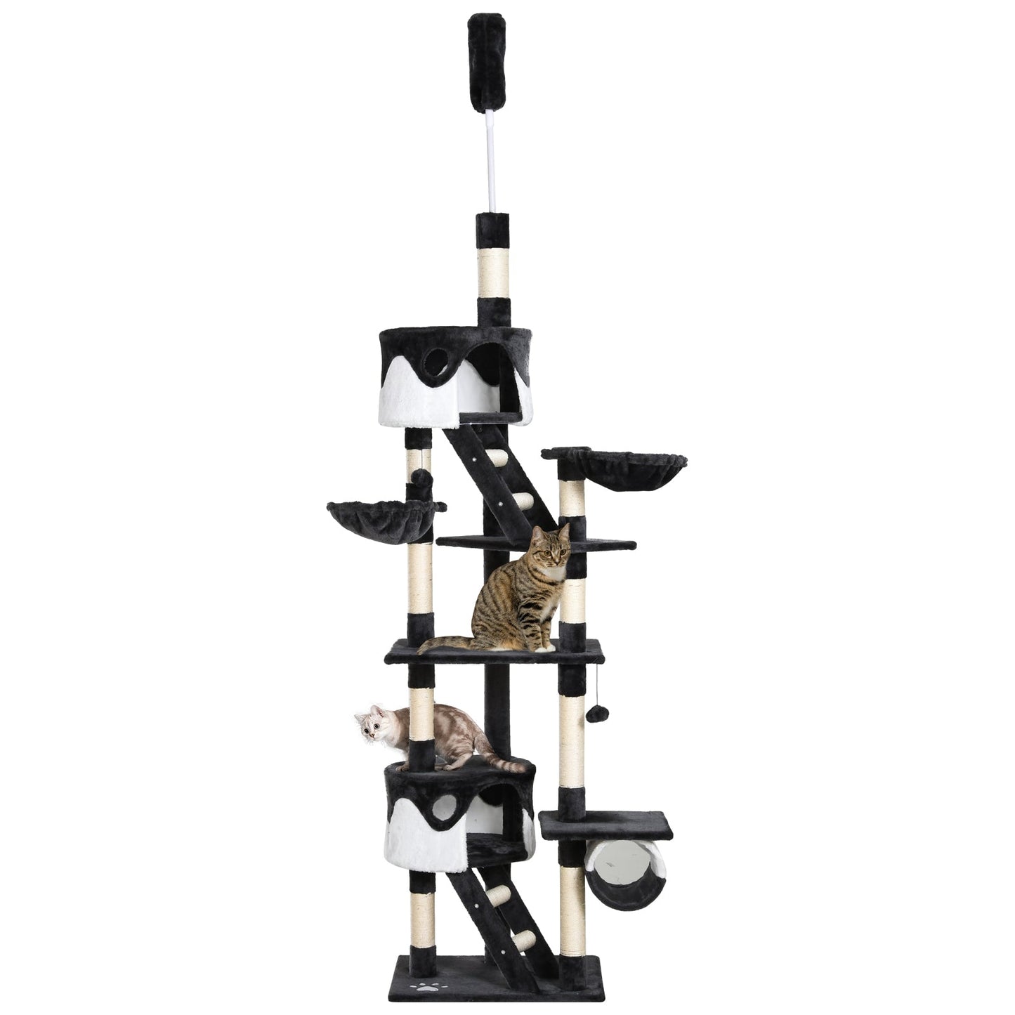 PawHut Floor-to-Ceiling Cat Tree for Indoor Cats, 240-260cm Adjustable Cat Tree - White