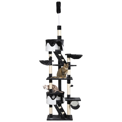 PawHut Floor-to-Ceiling Cat Tree for Indoor Cats, 240-260cm Adjustable Cat Tree - White