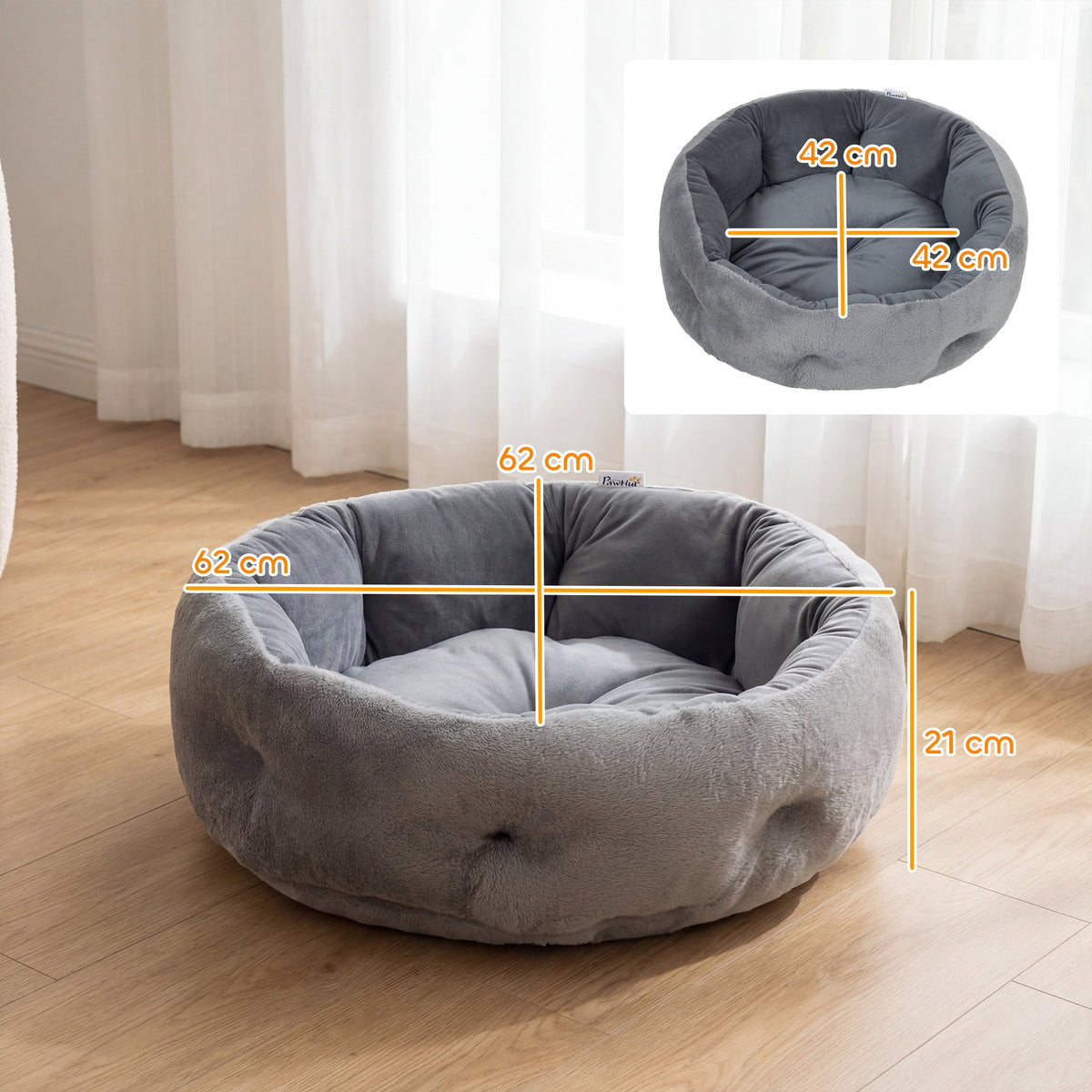 PawHut Cat Bed, Reversible Dog Pet Bed for Indoor Cats and Small Dogs, Round Bed with Supportive Bolster, Dark Grey