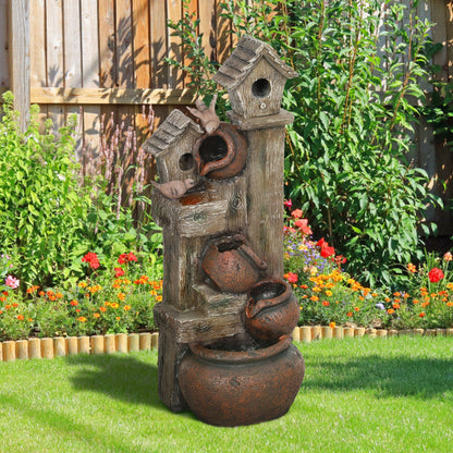 Outsunny 2-in-1 Waterfall Fountain with Birdhouse, Resin Garden Water Fountain with LED Lights Pump, Cascading Garden Water Feature with Tree Trunk Design, Multi-colour