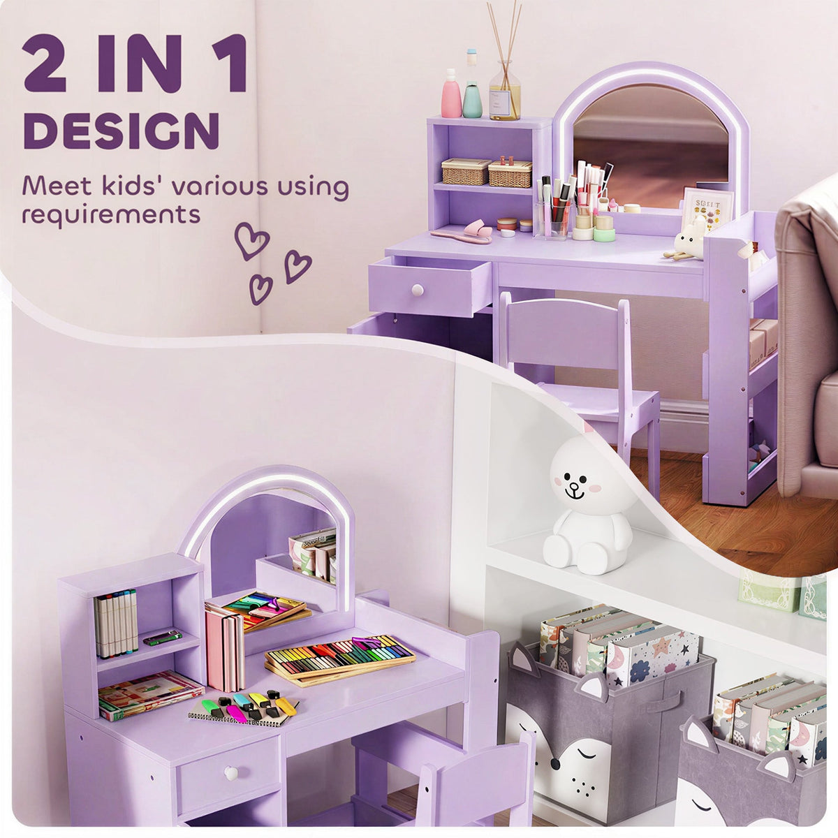 AIYAPLAY Kids Vanity Table and Chair Set, Kids Vanity Table with 2-Colour LED Mirror, Stool, Cabinet, Drawer, Shelves, Purple