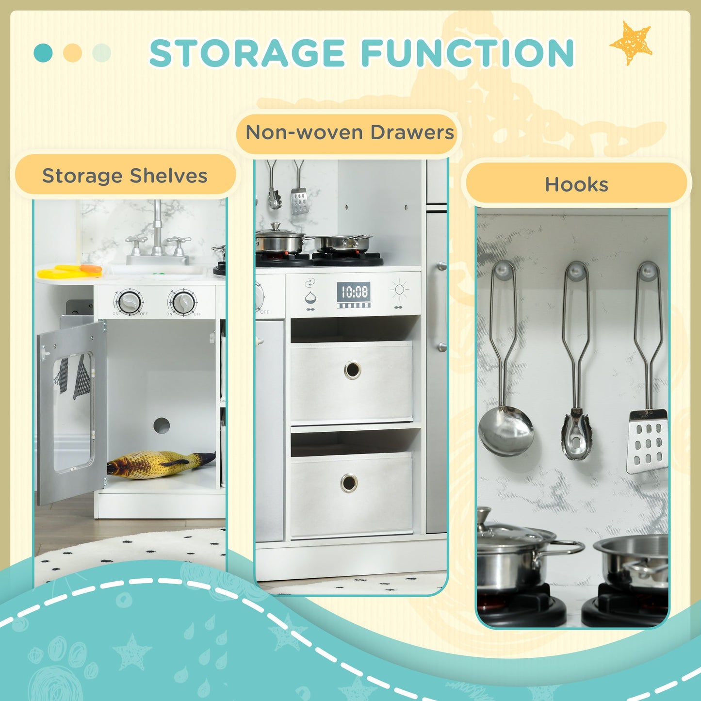 AIYAPLAY Toy Kitchen with Lights, Sounds, Apron and Chef Hat, Ice Maker, Microwave, for Ages 3-6 Years - White