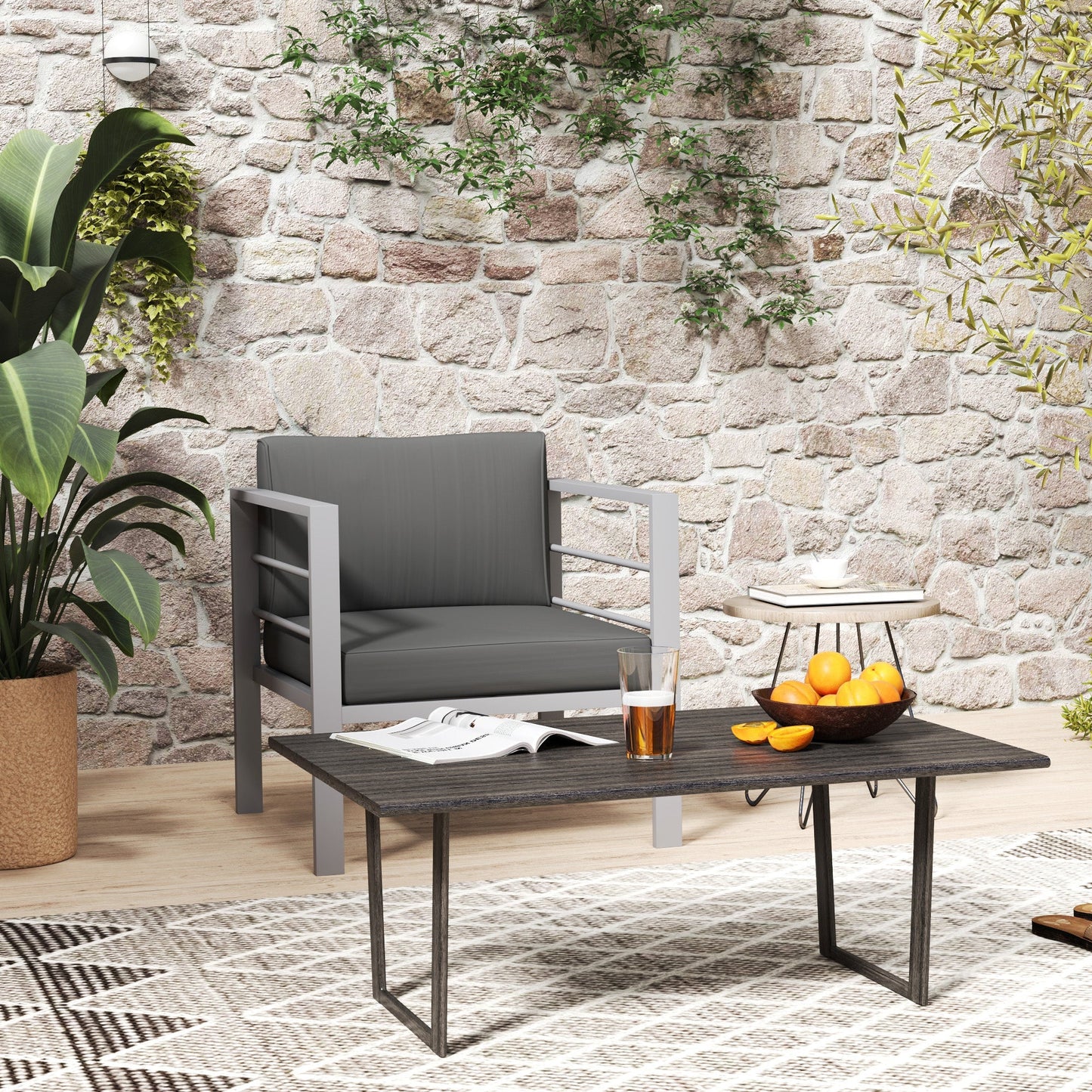 Outsunny Patio Furniture Aluminium Armchair, All-Weather Outdoor Single Sofa, Metal Frame Outdoor Chair with Cushions for Garden, Balcony, Charcoal Grey