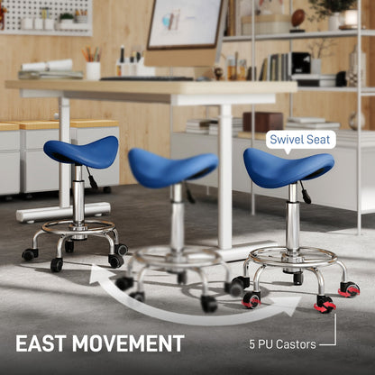 HOMCOM Salon Saddle Stool, Rolling Saddle Chair for Massage, Spa, Clinic, Beauty, Hairdressing and Tattoo, Blue