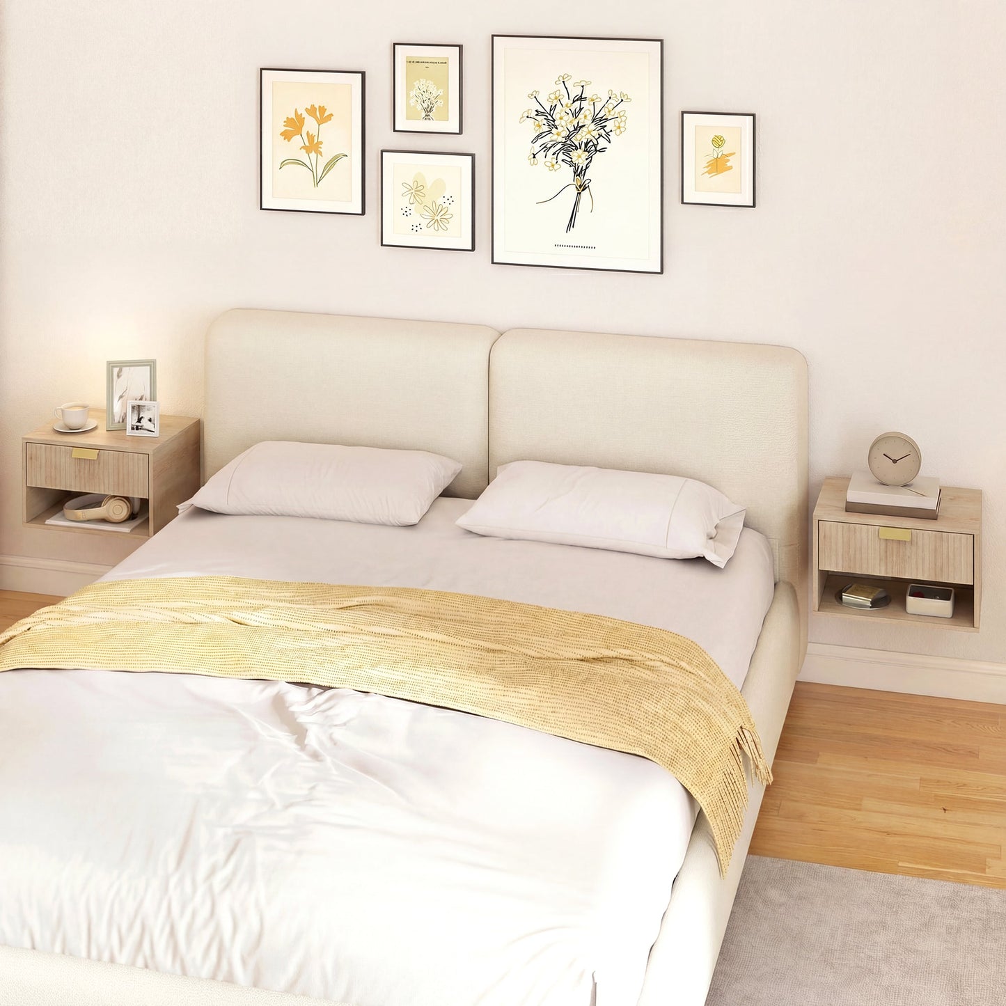 HOMCOM Set of 2 Wall Mounted Nightstands, Floating Bedside Tables with Fluted Drawer and Open Shelf for Small Bedroom, Oak