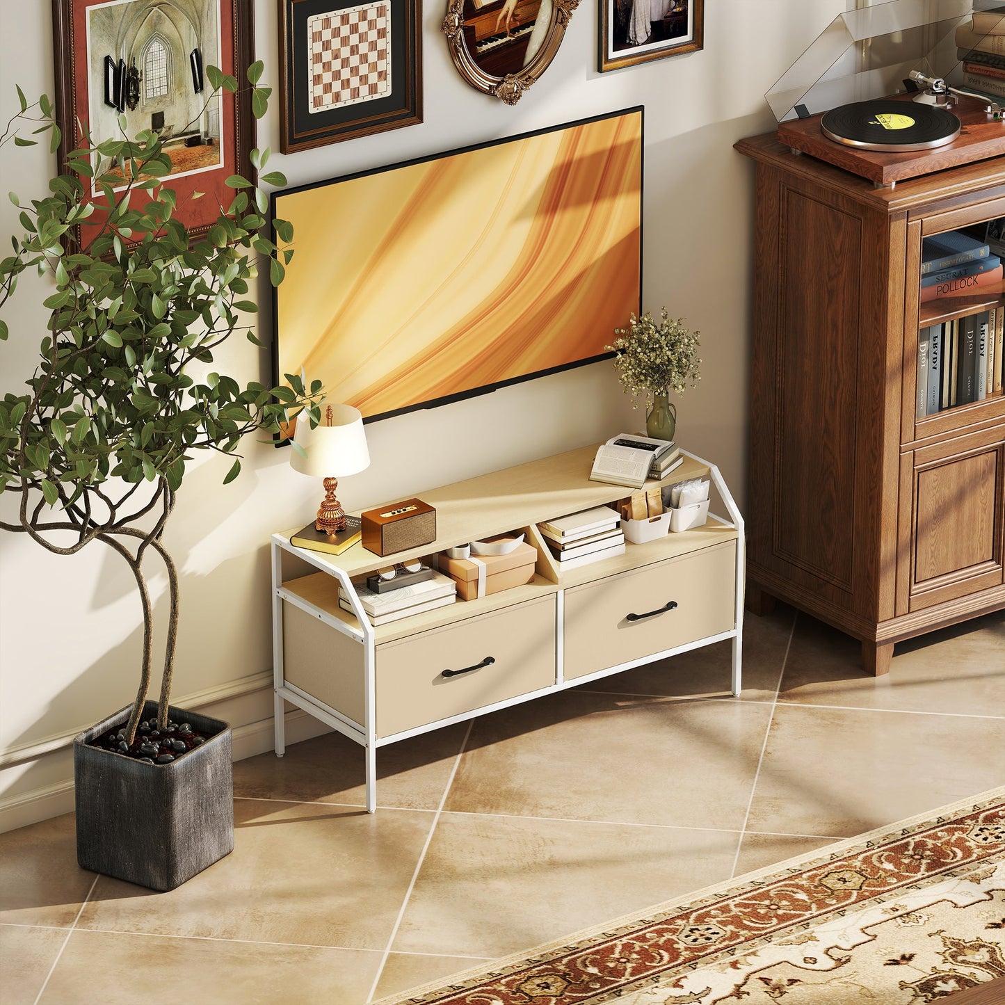 HOMCOM TV Stand Cabinet, TV Unit for 55-inch TVs with 2 Foldable Fabric Drawers, 5 Divided Side Pockets, Open Shelves, Console Table for Living Room, Bedroom, Entertainment Room, Natural Wood Finish