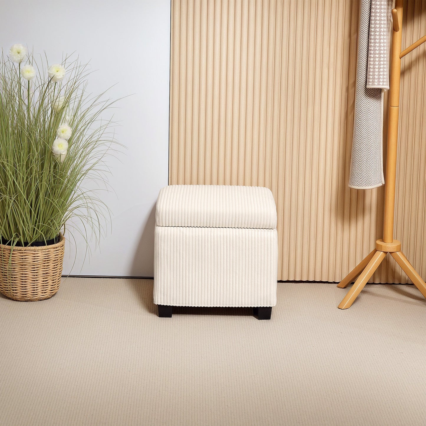 HOMCOM Storage Ottoman Bench, Corduroy Footstool with Removable Lid and Legs, 40cm Storage Chest Box for Living Room, Bedroom, Hallway, Beige