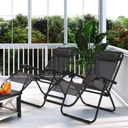 Outsunny Zero Gravity Chair Set of 2, Metal Frame Texteline Armchair Outdoor Folding and Reclining Sun Lounger with Head Pillow for Patio Decking Gardens Camping, Grey
