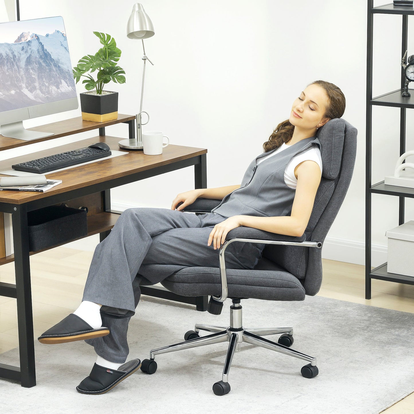 HOMCOM Executive Office Chair, Linen Fabric Computer Desk Chair with Double-Layer Back Cushion, Tilt Function, Height Adjustable for Home, Charcoal Grey