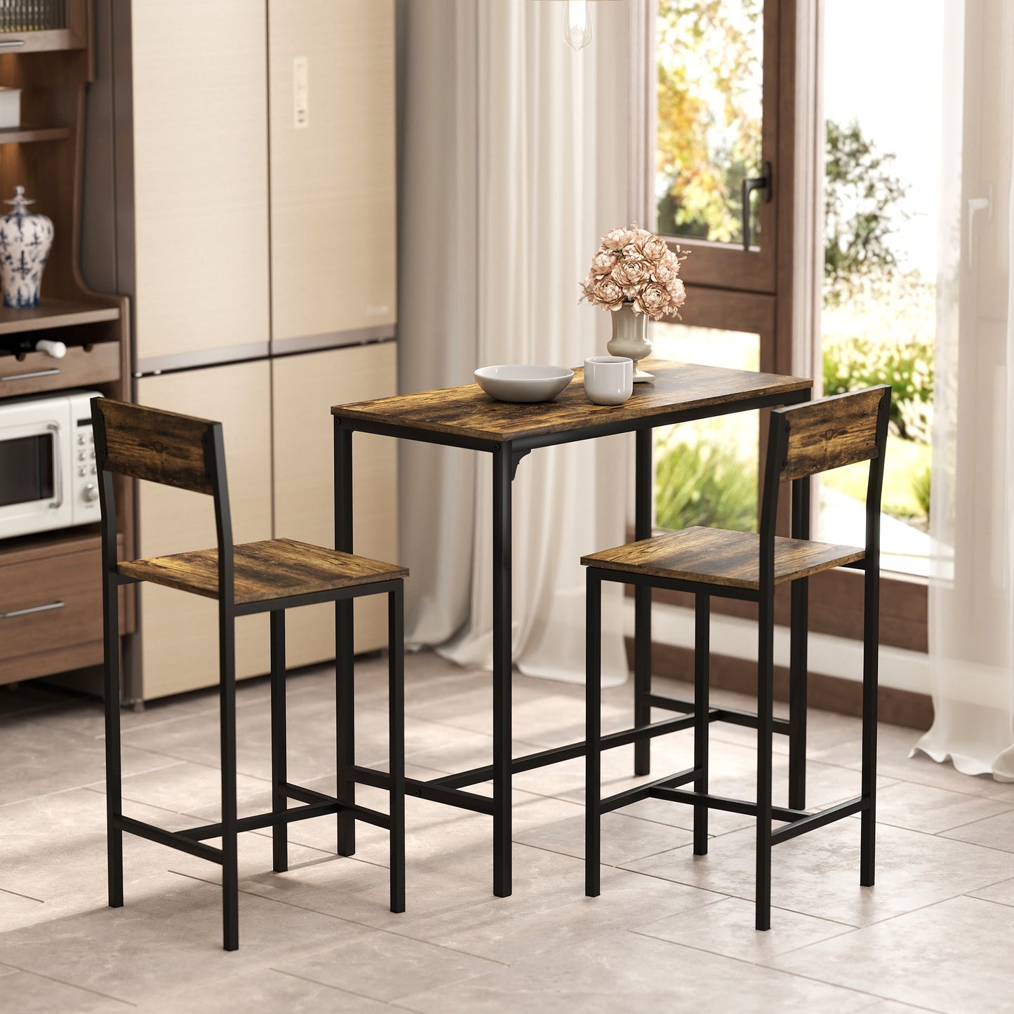 HOMCOM 3-Piece Bar Table Set with 2 Stools, Industrial Breakfast Bar Set with Footrest, Backrest for Dining Room, Small Space