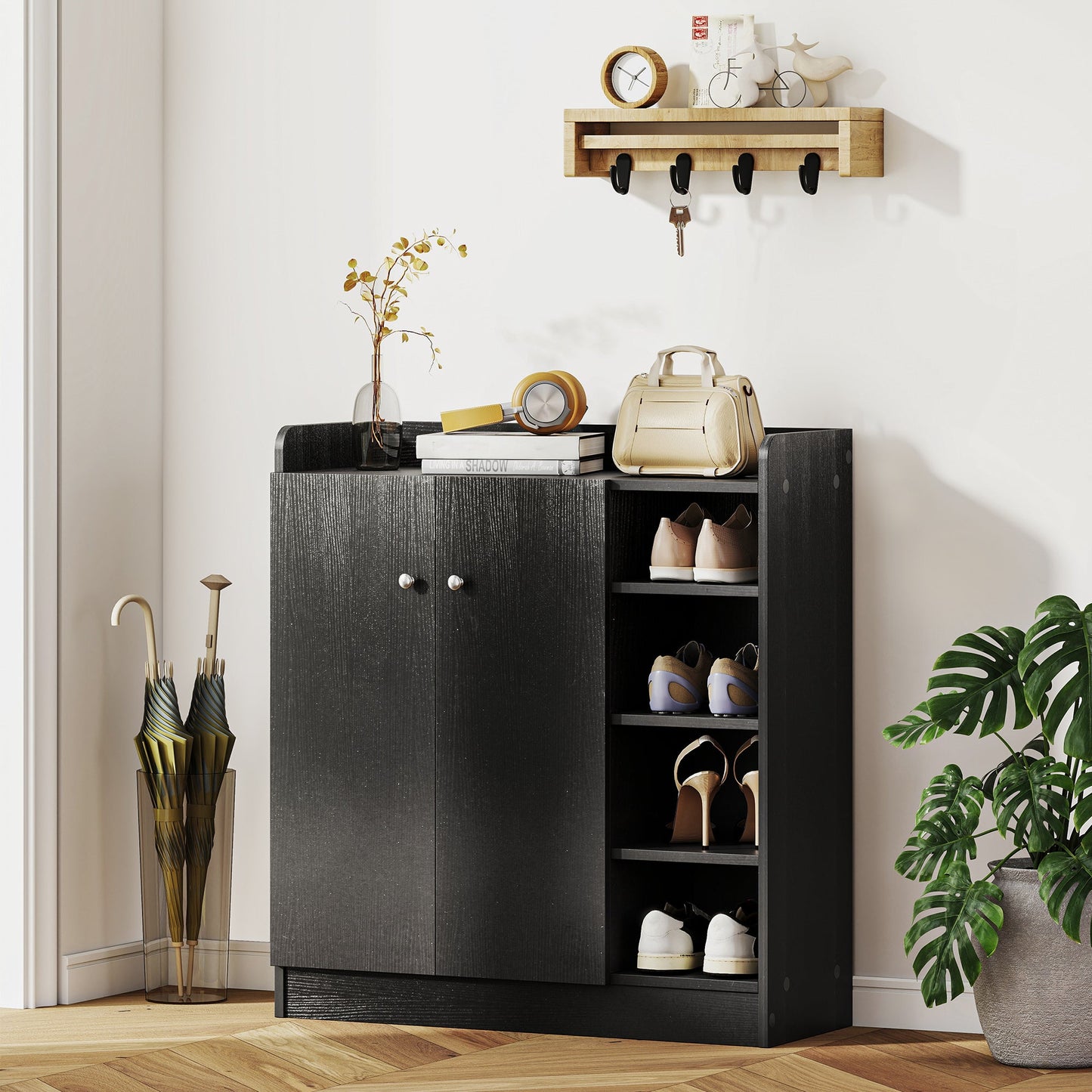 HOMCOM Shoe Storage Cabinet with Adjustable Shelves - Black