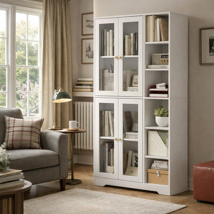 HOMCOM Multi-Storage Kitchen Cabinet, with Glass Doors - White Wood-Effect