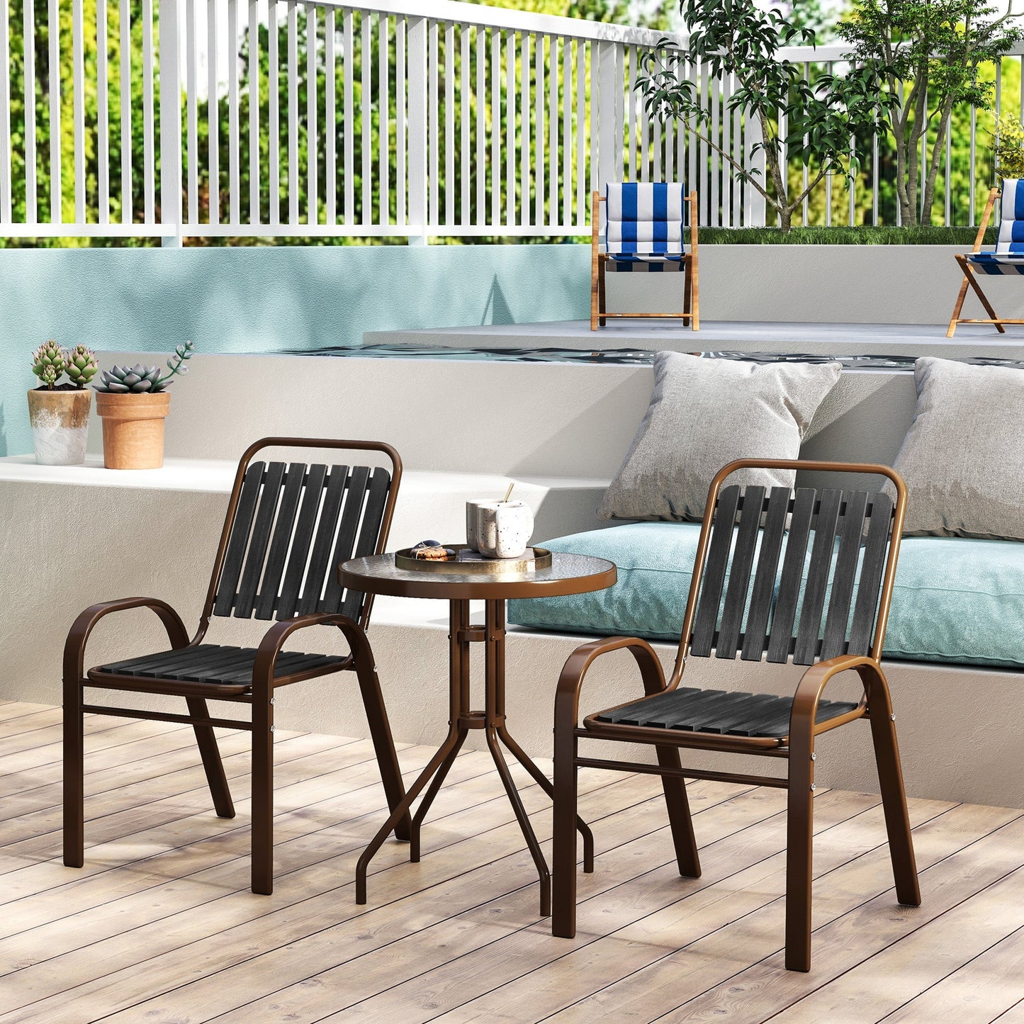 Outsunny 3 Pieces Patio Bistro Set with Stackable Chairs, Tempered Glass Table, for Outdoor, Balcony, Patio, Garden Charcoal Grey
