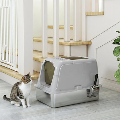 PawHut Extra Large Stainless Steel Litter Box, Enclosed Cat Litter Tray with Scoop, Deodorizer Bag, Front-Entry and Top-Exit