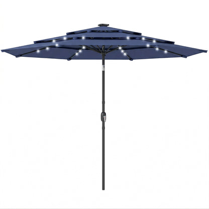 Outsunny 2.8 m Garden Parasol Umbrella with LED Solar Light, Parasol Cover, 3 Tier Outdoor Table Market Patio Umbrella, Navy Blue
