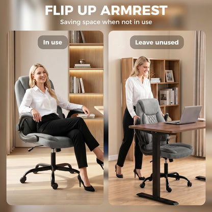 HOMCOM Linen-Look Computer Desk Chair, Executive Office Chair with Flip-Up Armrests and Thick Cushion, Grey