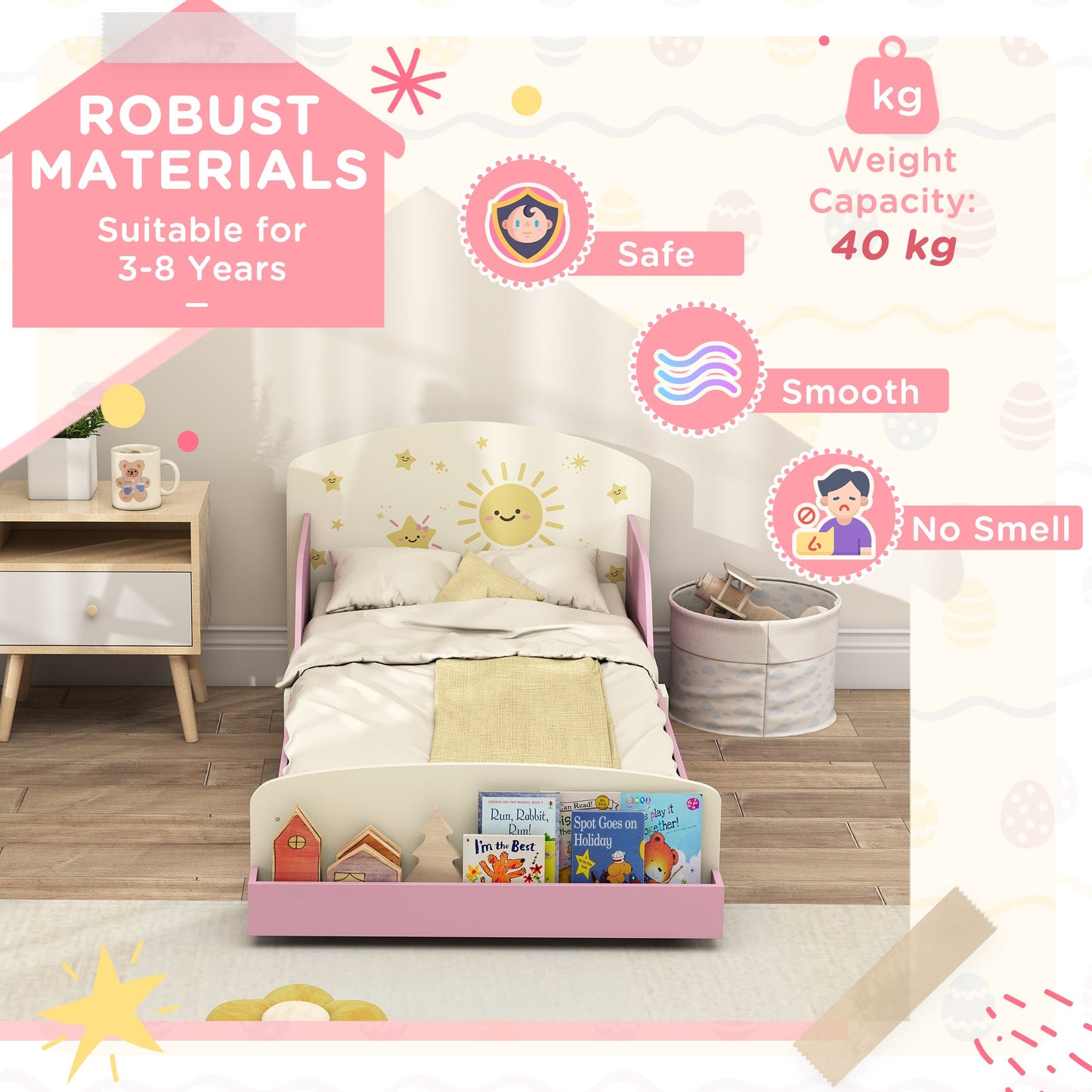 AIYAPLAY Toddler Bed with Storage, Guardrails, Sun Design, for Ages 3-8 Years, Fits 140 x 70cm Mattress,