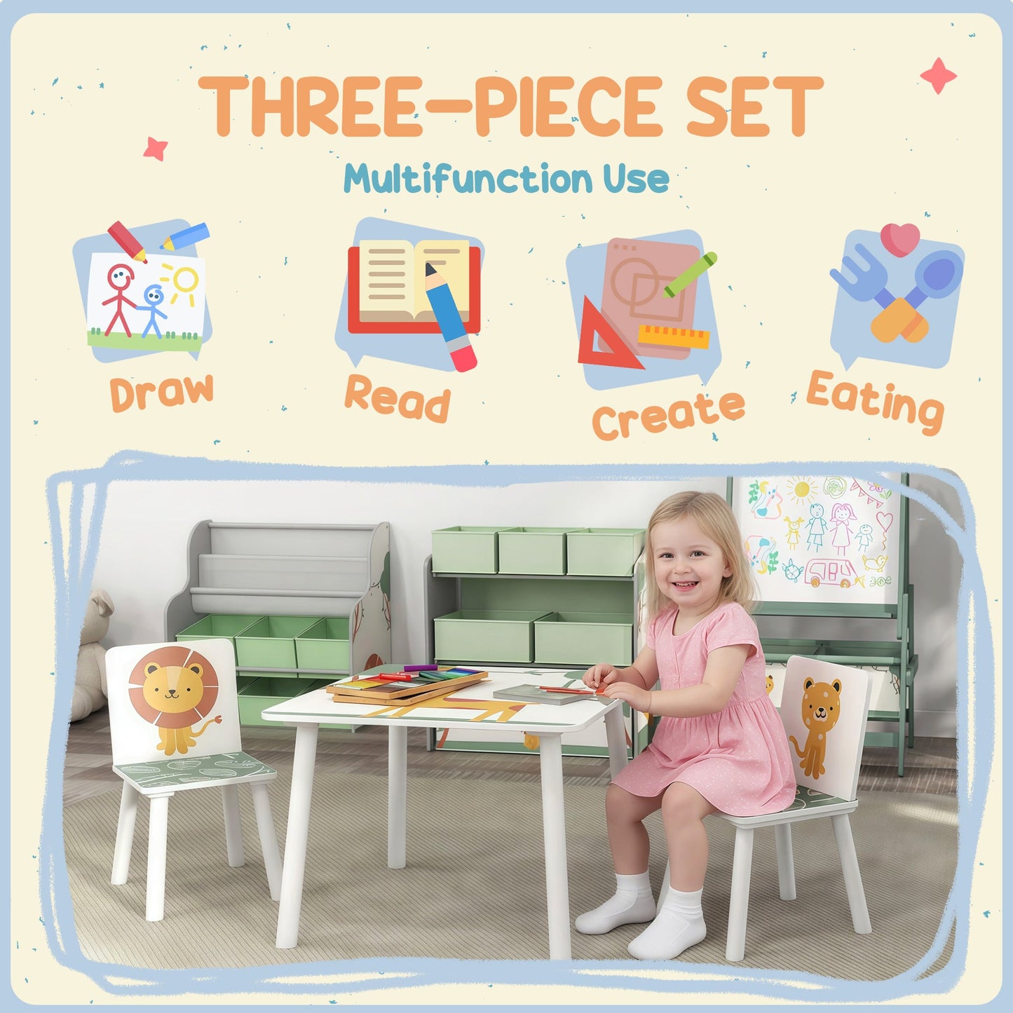 AIYAPLAY 3-Piece Toddler Table and Chair Set, Kids Table with 2 Chairs Set for Bedroom, Nursery, Playroom, Green