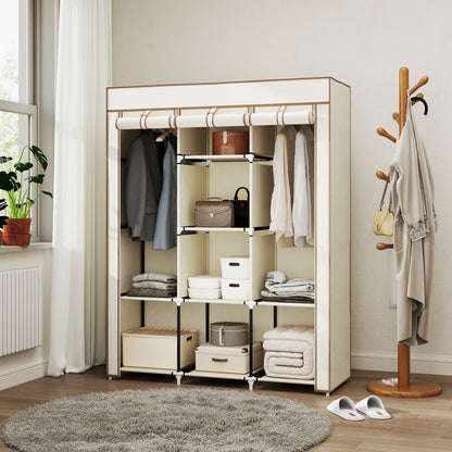 HOMCOM Fabric Wardrobe, Portable Wardrobe, Clothes Storage Unit with 8 Shelves, 2 Hanging Rods, 125 x 43 x 162.5 cm, Cream White